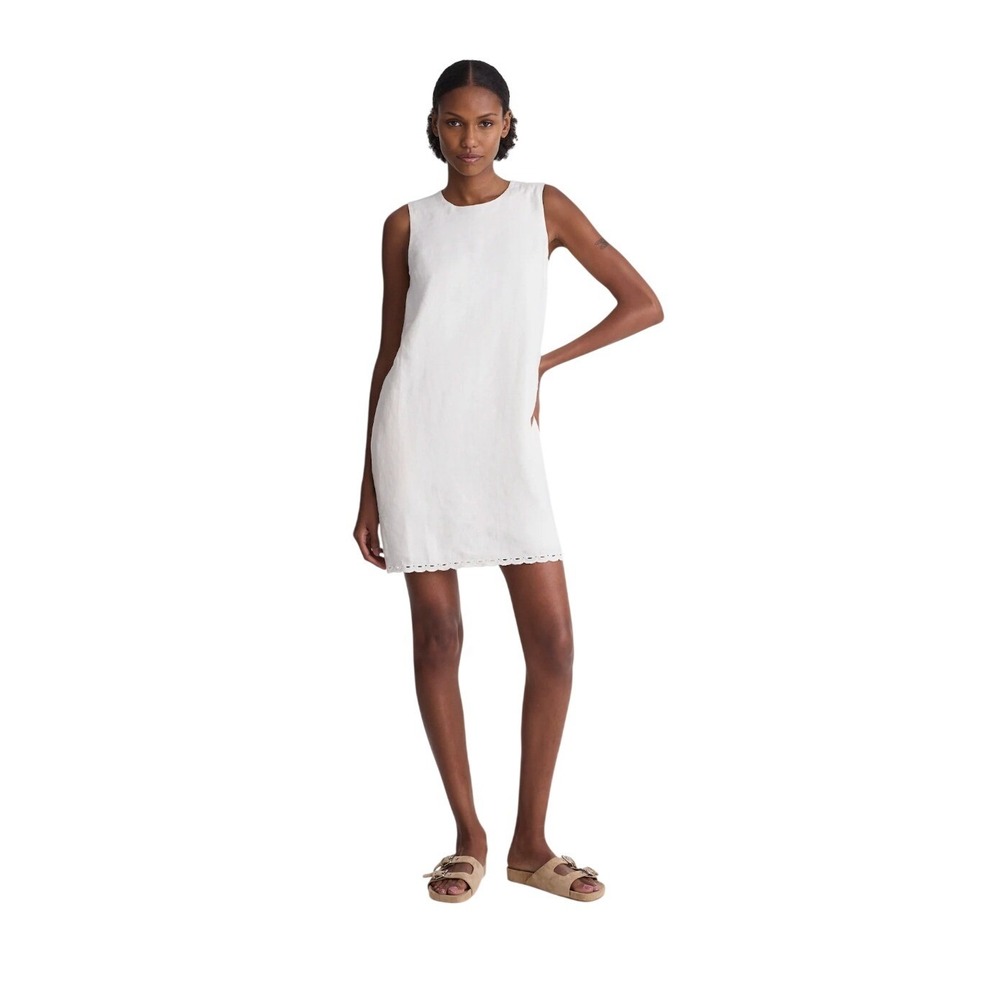 Madewell Mini Shift Dress Ivory 100% Linen Embroidered Scallop Hem L